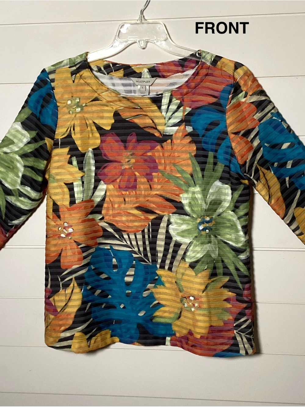 Multiples Multicolor Floral Ribbed 3/4 Sleeve Top